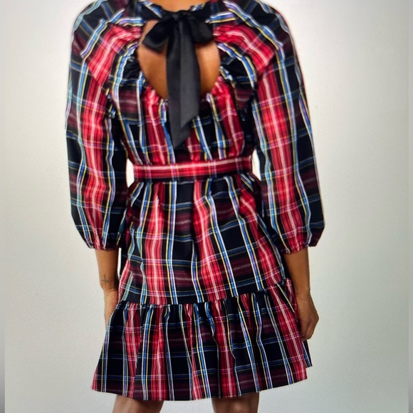 NWT DRAPER JAMES RED & BLUE PLAID TIERED BOW BACK DRESS - Picture 2 of 8
